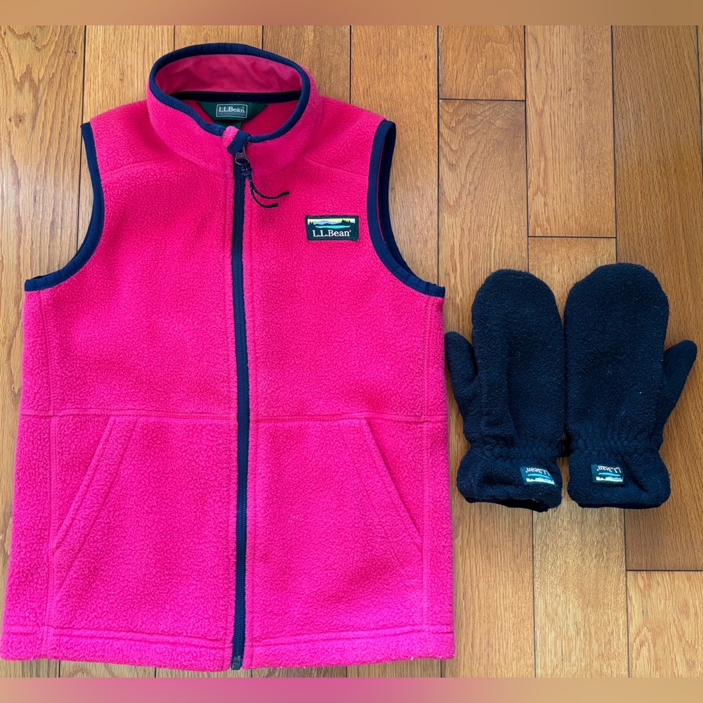 L.L. Bean Kids Pink Fleece Vest and L.L. Black Mittens Set